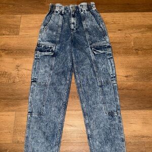 Y2K Cargo Denim Jeans L Acid Wash Retro Old School Straight Leg 90’s Indie Chic